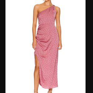 Favorite Daughter one-shoulder midi dress in a mauve/pink polka dot